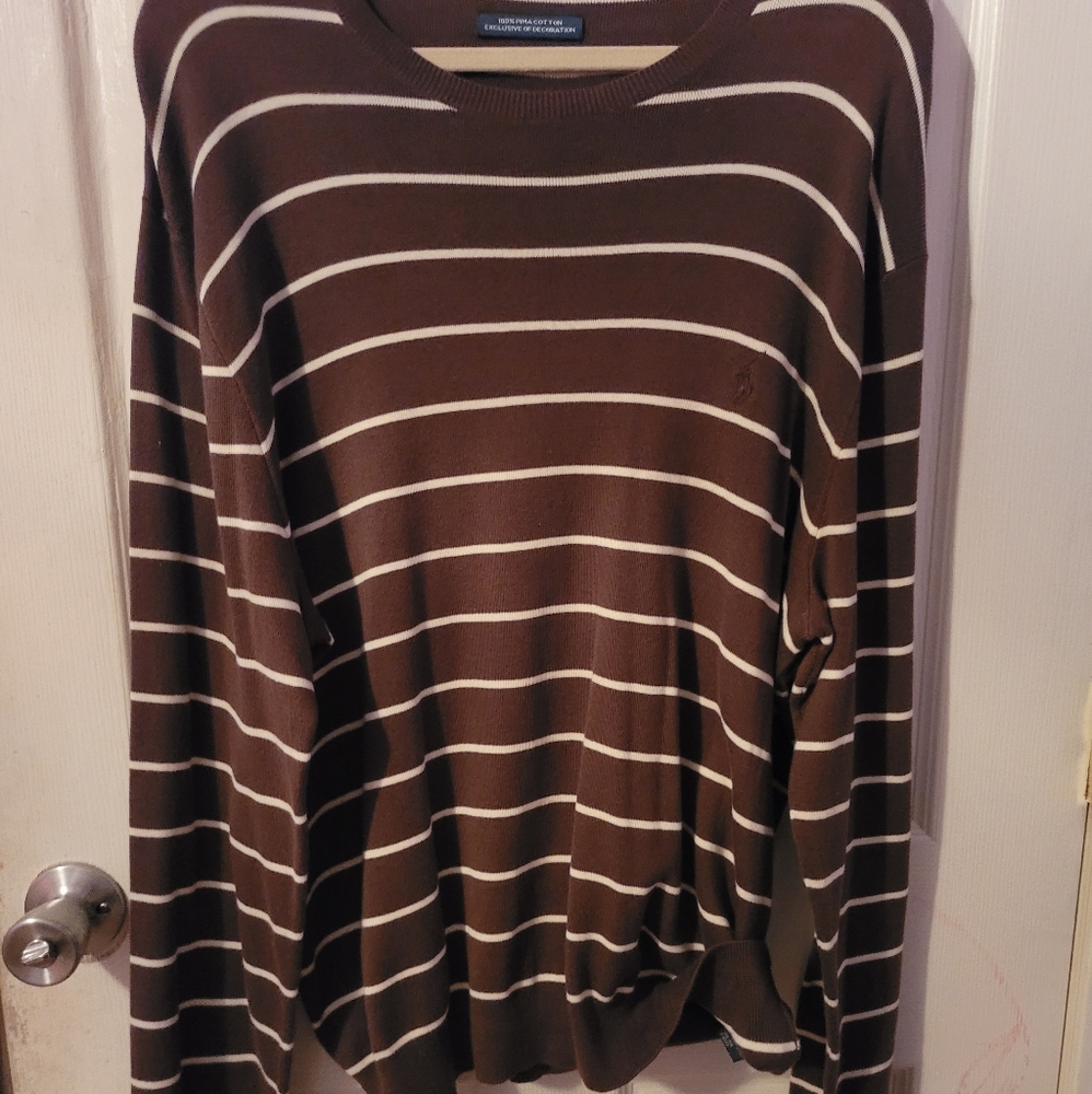 Brown and white striped polo sweater